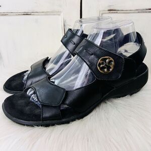 Walking Cradles Lucky Black Leather Double Strap Soft Soled Comfort Sandals - 10